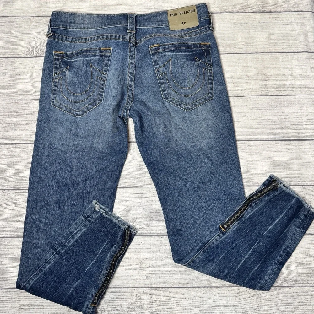 True Religion Frayed Finn Slim Tapered Zippered Ankles Distressed Blue Jeans 31